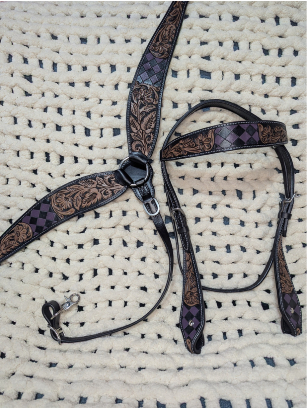 NEW Tacktical Equine Purple Harlequin Tooled Leather Breast Collar Headstall Set